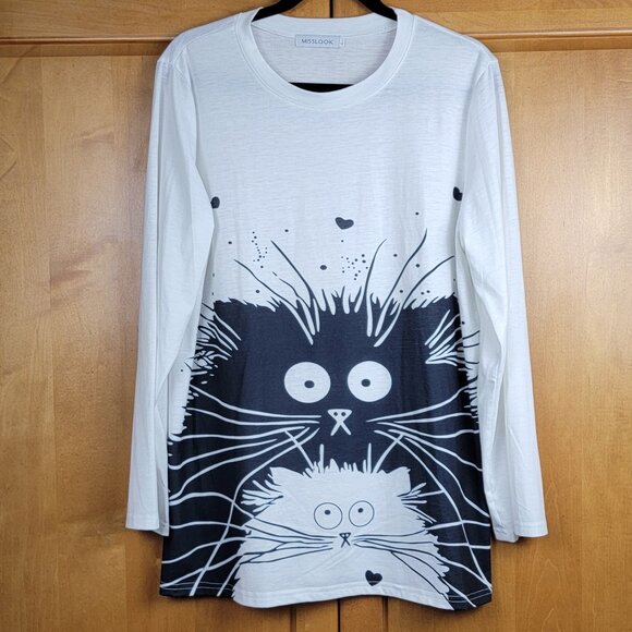 MISSLOOK Tops - Miss Look Black and White Cartoon Cats on White Long Sleeve Tunic Tee - L
